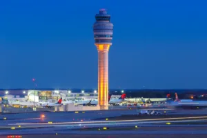 Air Traffic Control Tower during night time and is taken in Atlanta USA. This is a tall tower in the world.